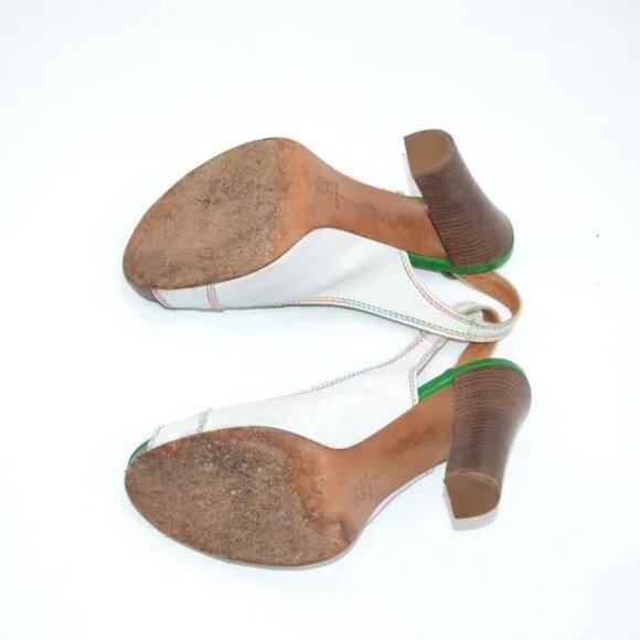 Vintage Miss Sixty White Green Chunky Peep Toe Slingback Leather Heels 39 8.5 9 - Picture 14 of 16